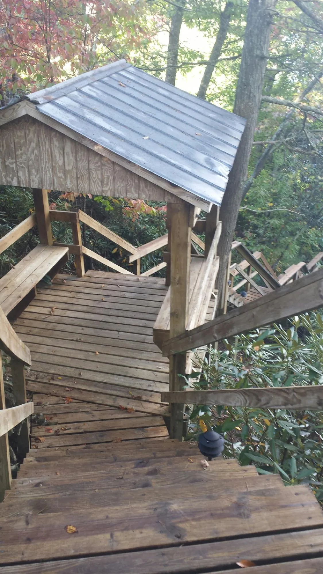 Metal roofed shelter over wooden steps on a wooded walkway — Skylight Repair & Installation work by our crew in Sedley